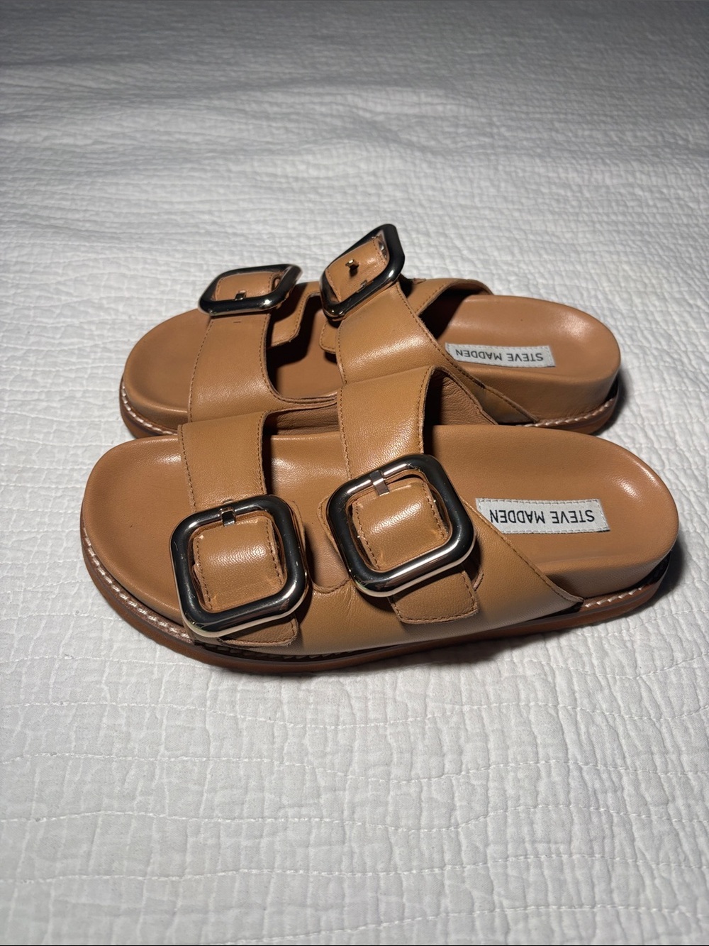 Steve Madden Cognac Double-Buckle Slide Sandals - Picture 2 of 9